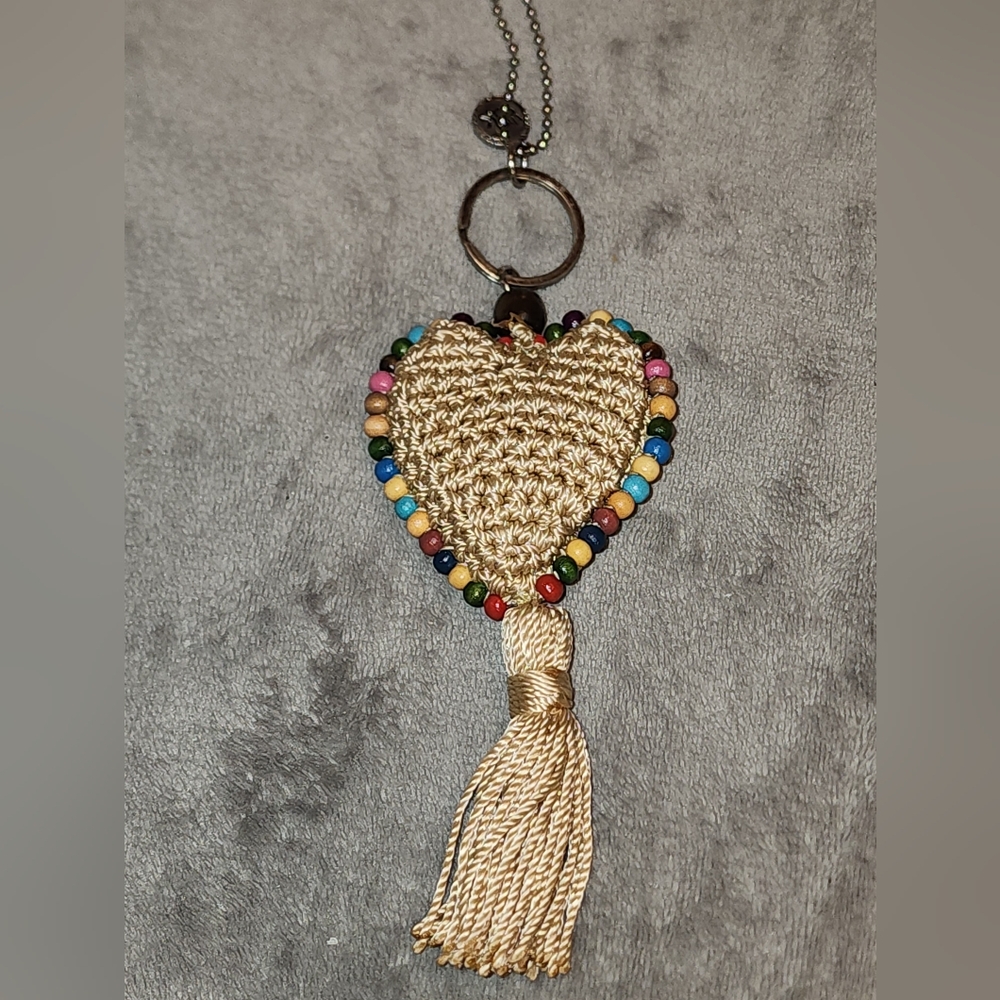 The Sak Crocheted Heart Pendant Keychain w/Multicolor Beads - in Bamboo